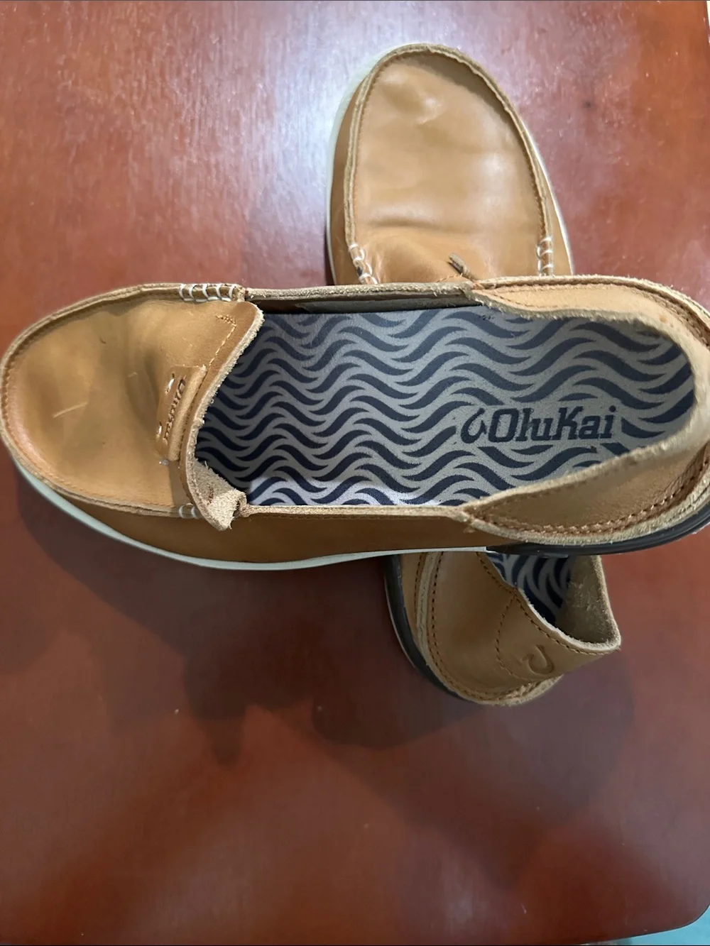 OluKai Men's Tan Leather Slip-On Boat Shoes
